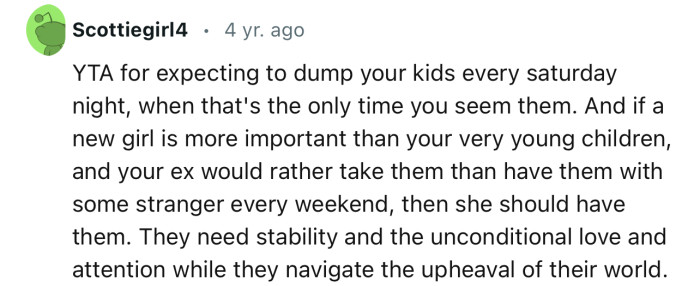 “YTA for expecting to dump your kids every Saturday night, when that's the only time you see them.“