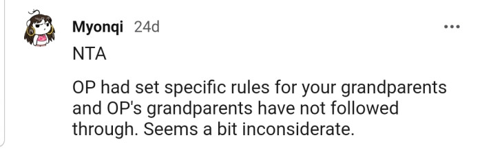 OP's grandparents broke her sacred rule.