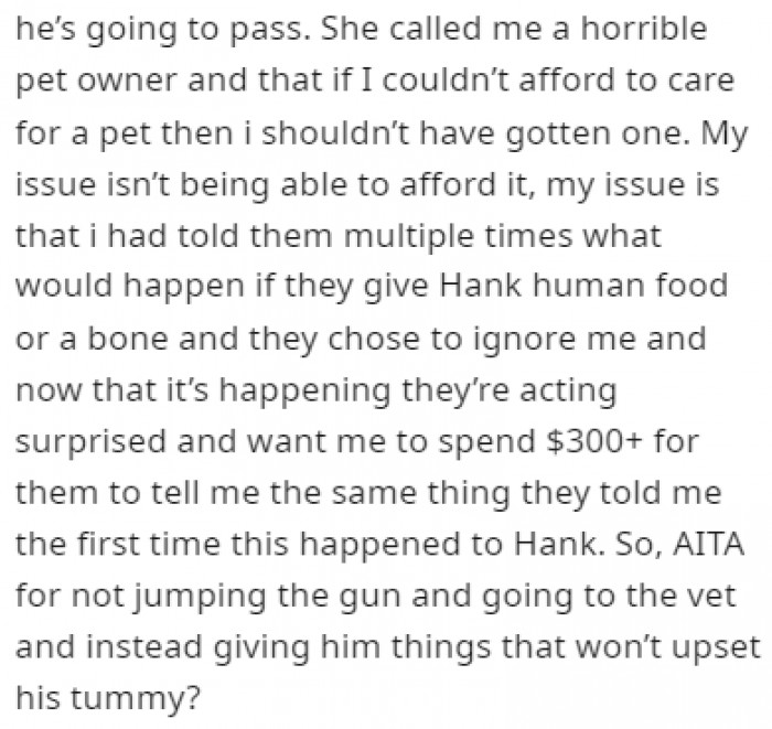 OP doesn't want to spend the money needed to get Hank checked by a vet
