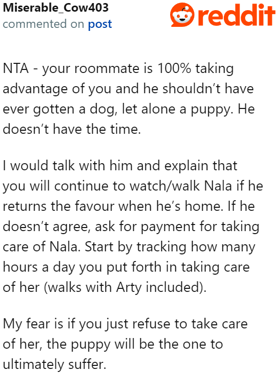 It's pretty clear that the roommate is taking advantage. The OP gets nothing out of walking the other dog, after all.