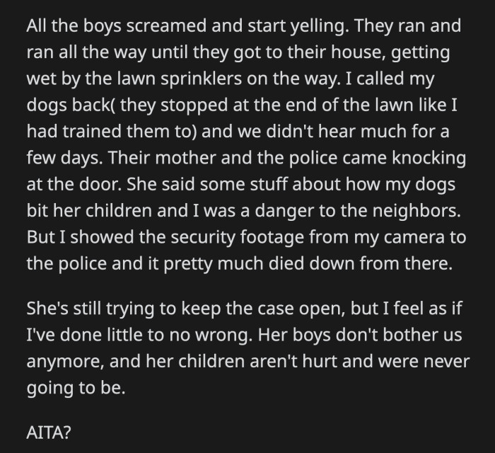 The dogs chased after the children barking and growling until the end of OP's yard