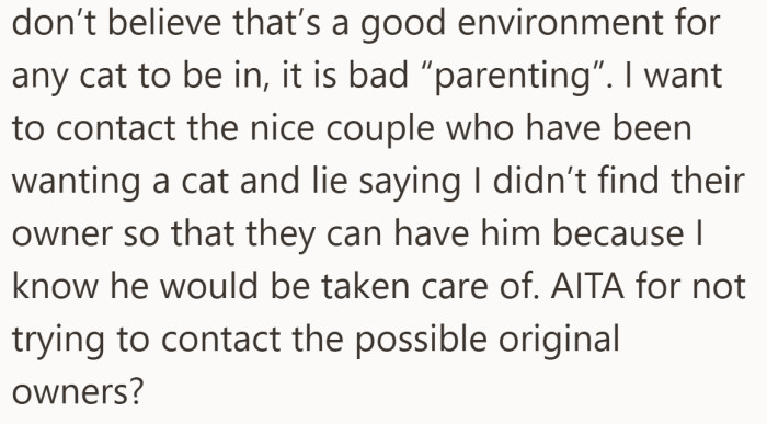 Caught between honesty and the cat’s wellbeing, she debates lying so a caring couple can adopt him.