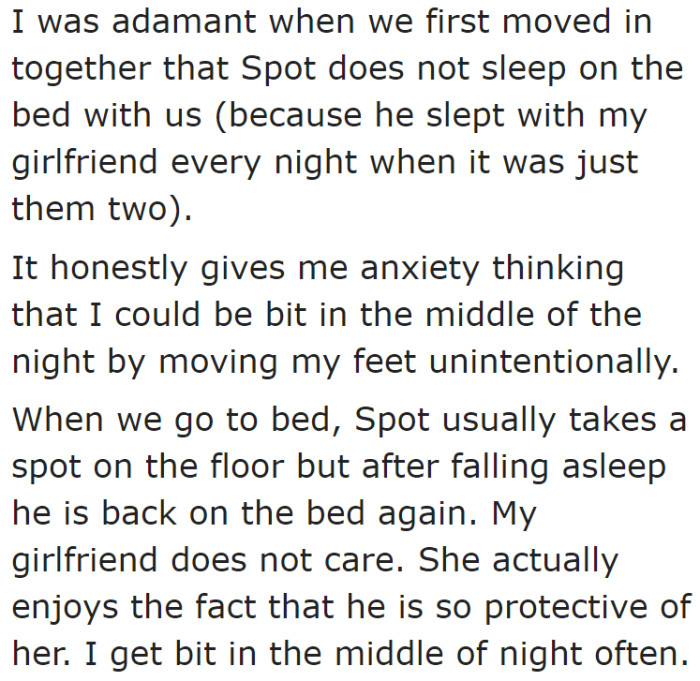 He has already made it clear that the dog shouldn't sleep with them in bed.