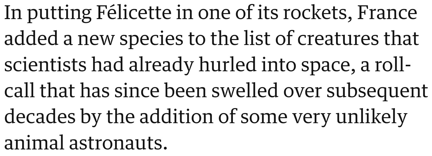 France launched Félicette into space, adding cats to the list of creatures in orbit.