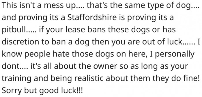 1. Proving the dog is a Staffordshire is the same as proving it is a pitbull.
