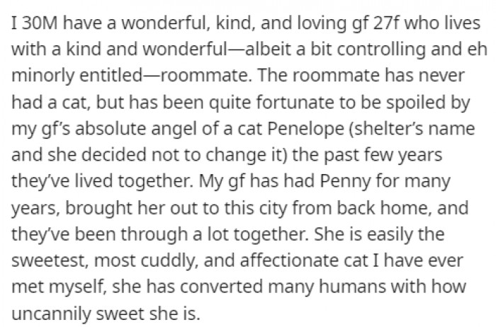 He started off the story by saying that the roommate was a bit entitled and that Penny was the sweetest creature to ever live.