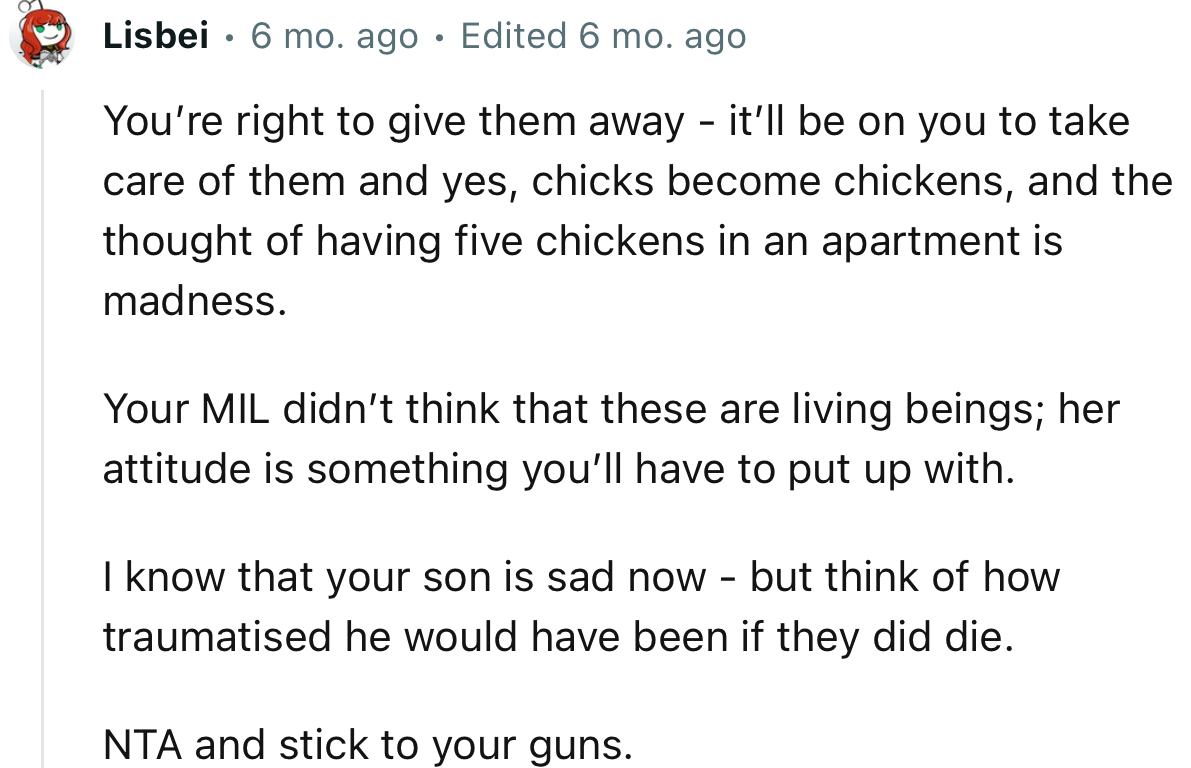 “I know that your son is sad now - but think of how traumatized he would have been if they did die. NTA, stick to your guns.”