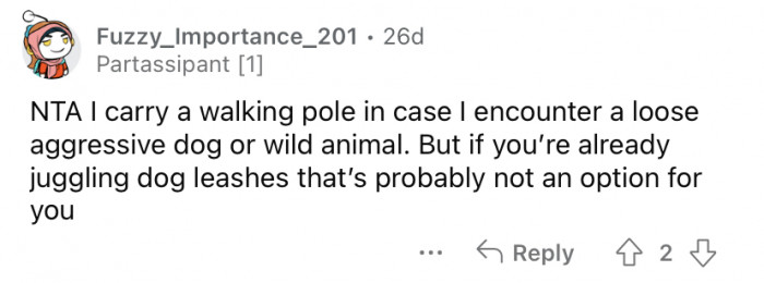 "I carry a walking pole in case I encounter a loose, aggressive dog."