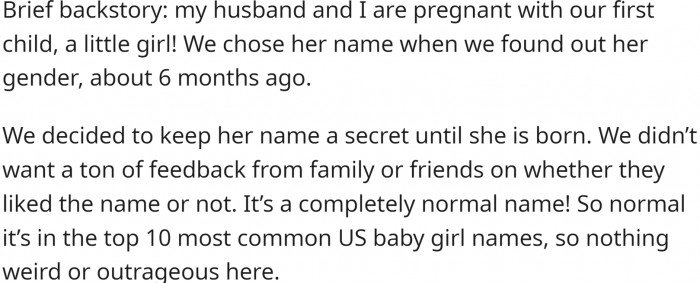 OP is expecting her first child, a little girl. She and her husband have already chosen a name.