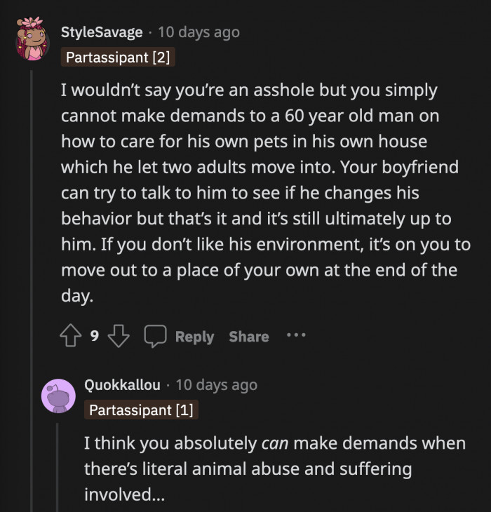 OP can discuss why the turtles deserve better, offer some suggestions on how to improve their situation, but it is ultimately up to her boyfriend's dad what to do with his pets.