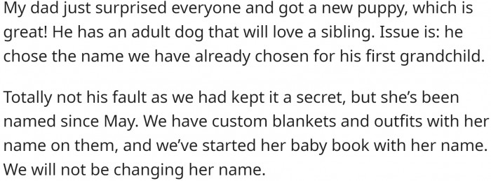Her father just got a new puppy, and OP is really happy about it. But then she heard its name.
