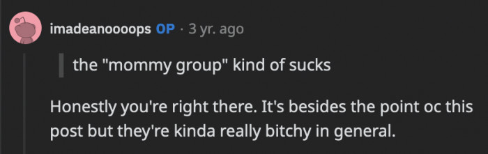 OP says the mommy group, even when they're not excluding their colleague, are not a nice group of people