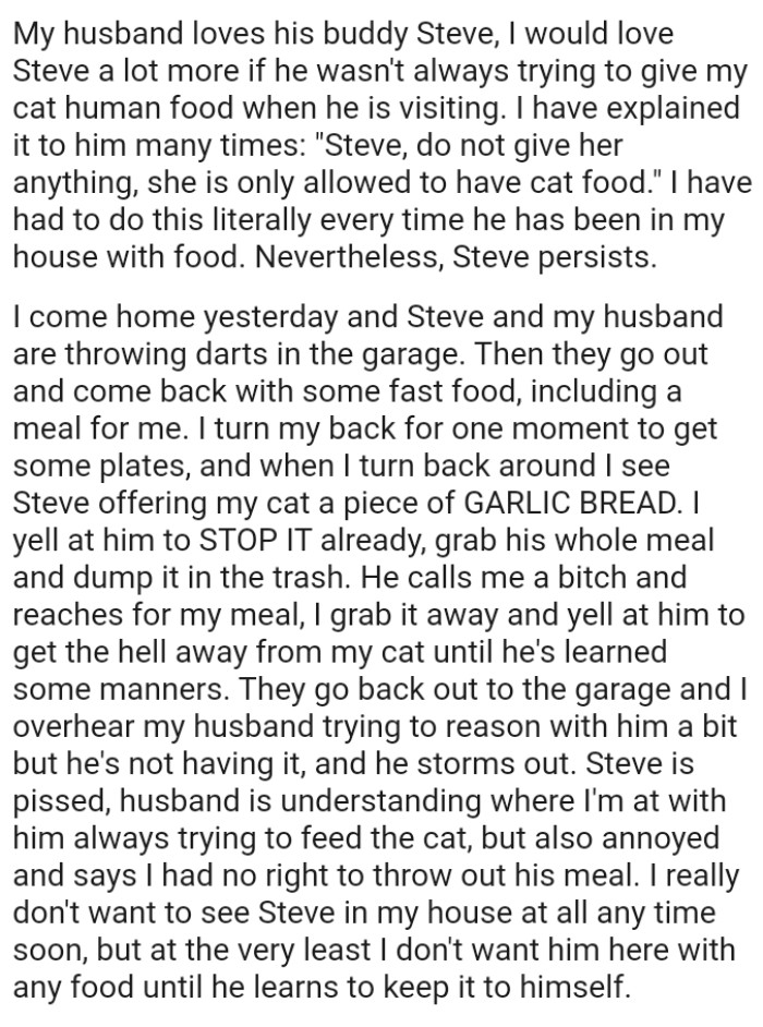 OP grabs it away and yells at him to get the hell away from her cat until he's learned some manners
