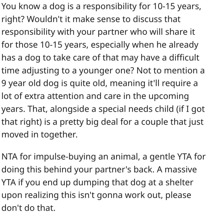 8. Getting a dog is a huge responsibility and requires a partner's consent.