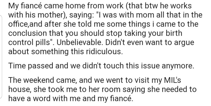 After having a discussion with his mom, OP's fiancé decided that she should stop taking birth control pills