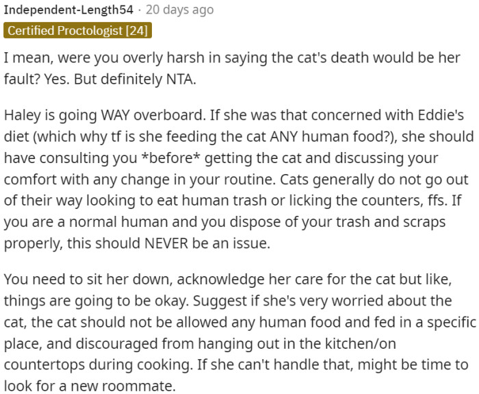 Roommate is being excessive in her concern for the cat's diet and behavior.