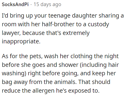 OP needs to ensure her daughter's clothes are washed the night before, she showers (including hair washing) just before going, and keeps her bag away from the animals to minimize the allergens he's exposed to.