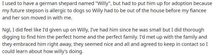 His future stepson is allergic to dogs, so he had no choice but to put Willy up for adoption