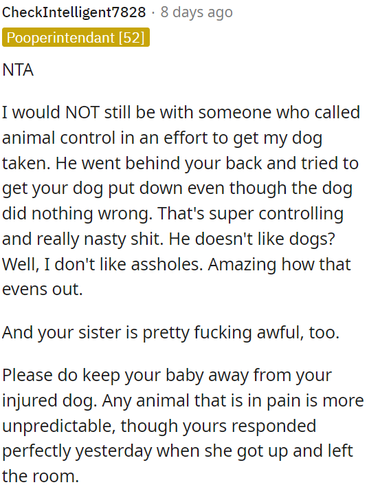 OP should be more cautious with a baby around an injured dog due to potential unpredictability.