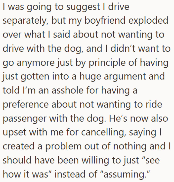 When she raised her concerns, her boyfriend dismissed them as assumptions and refused to swap seats with her, citing the fact that it was his friend's car.