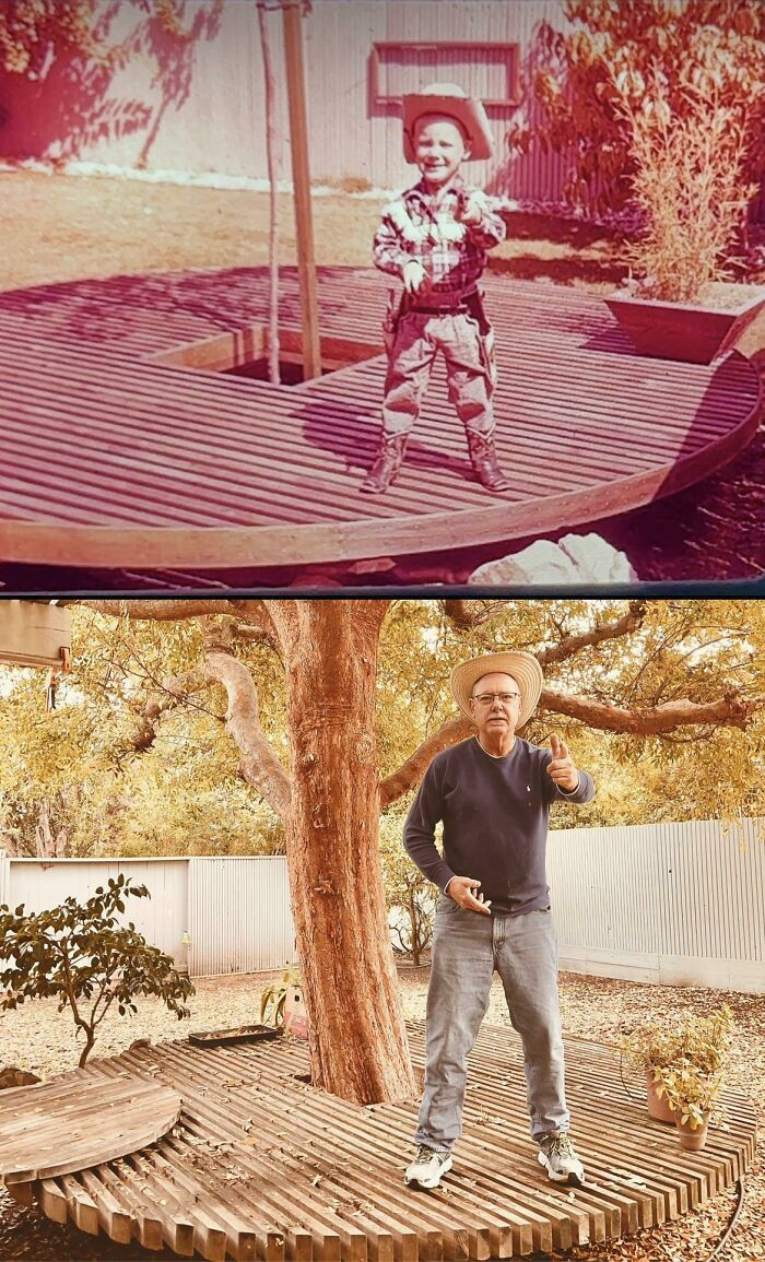 12. A wrangler and his beloved oak tree at the age of 4 and 63