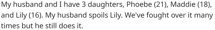 OP and her husband have three daughters: Phoebe (21), Maddie (18), and Lily (16). OP and her husband have often argued over her husband's tendency to spoil Lily.