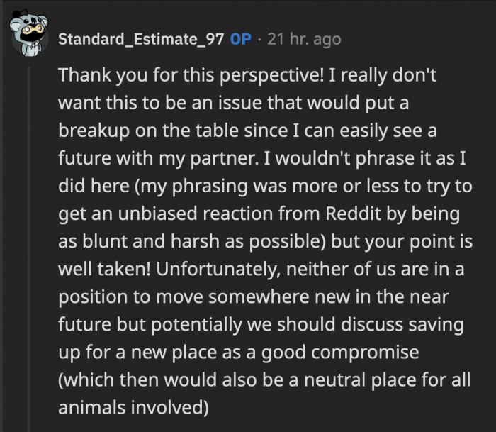 OP doesn't want this to be the problem that breaks them up, but posting on Reddit did give her some ideas on how to tackle the problem