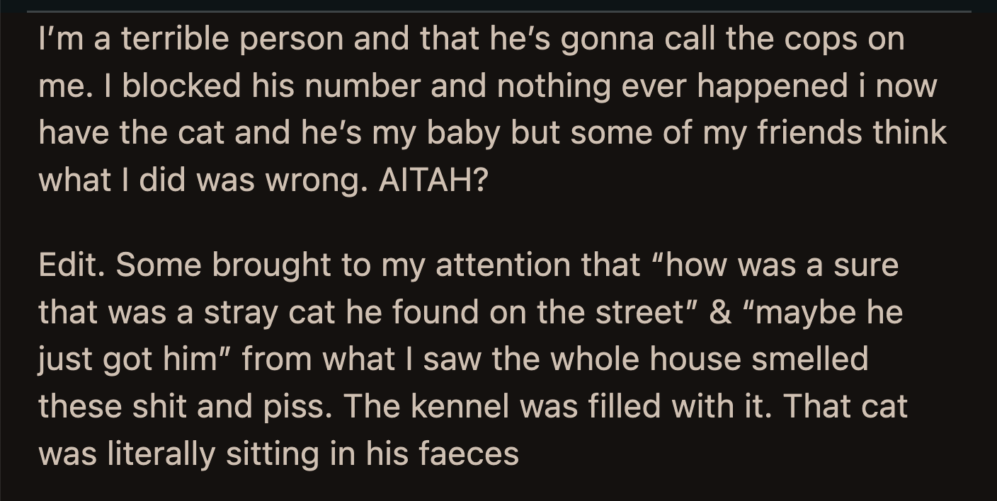 Some of OP's friends said she had no right to steal someone's cat. OP took solace in the cat's improving health but wanted to know if she was wrong to take a cat away from a harmful environment.