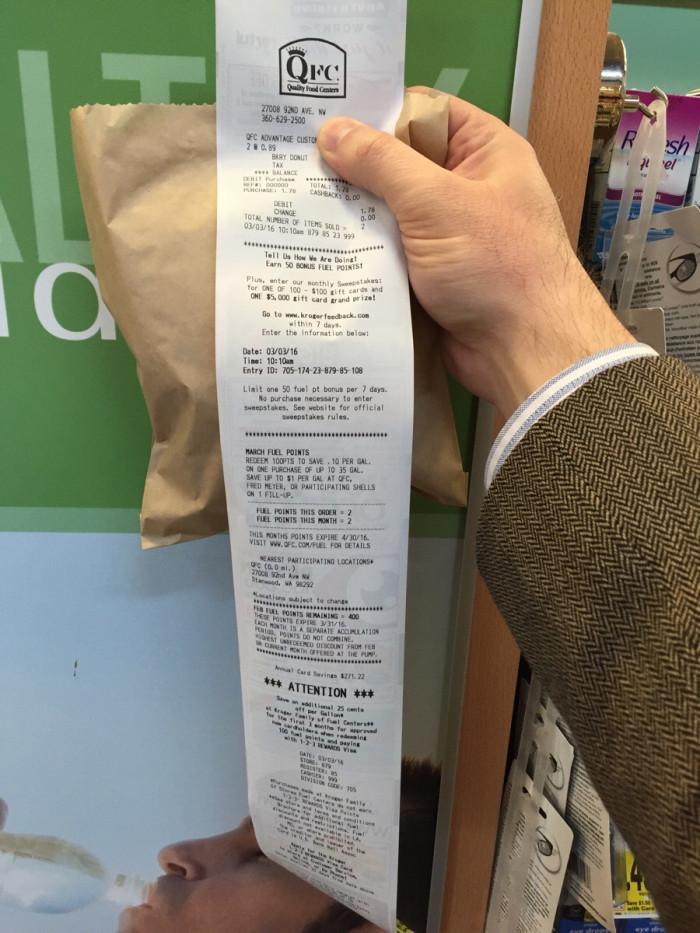 11. “Bought two glazed doughnuts for $1.78 this morning at the grocery store. Received this receipt.”