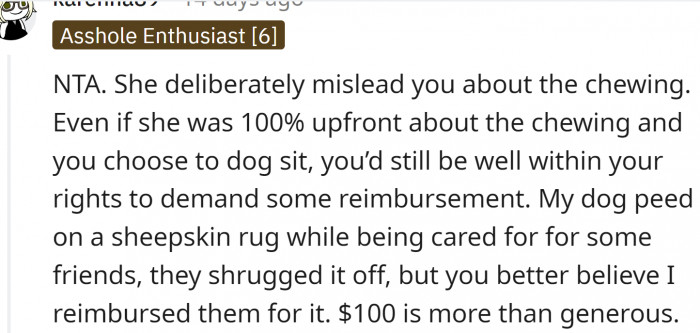 Redditors also noted that a $100 reimbursement is not really enough to cover the damages. OP probably believes it is partly her fault, so the amount is lower.