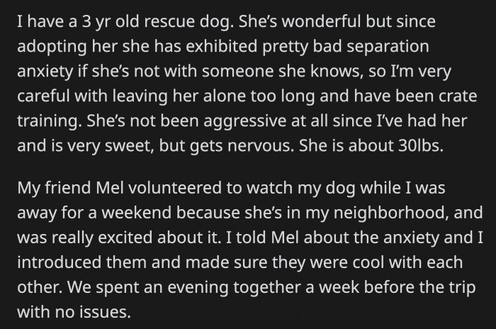 The dog was fine, but then Mel went home with a friend, which agitated the dog, so Mel put her in her crate once more.