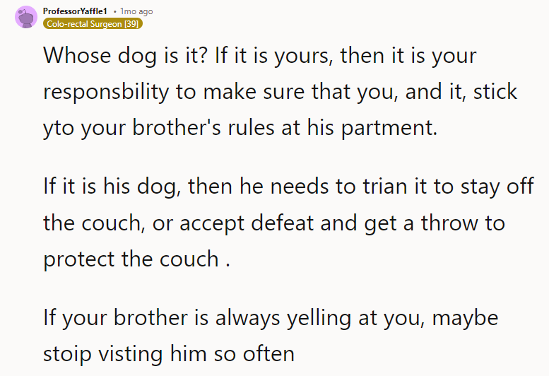 If it is his dog, then he needs to trian it to stay off the couch, or accept defeat and get a throw to protect the couch .