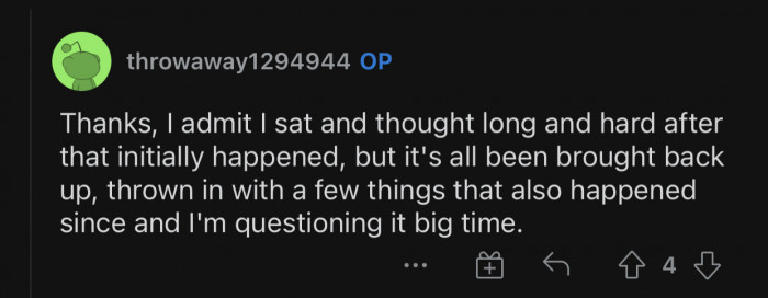 This incident made OP question her relationship.