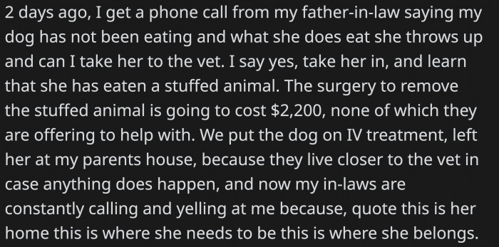 When the dog got sick, OP handled it, and even though the in-laws didn't want to pay for anything, they want the dog back with them