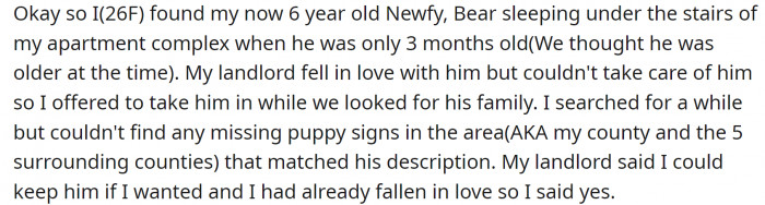 She found a Newfy puppy under the stairs of her apartment six years ago, and she took him in after unsuccessfully trying to locate the owners.