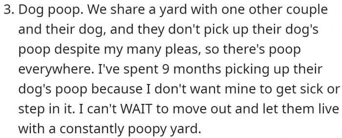 But that's not all. They share their yard with a dog whose owners don't pick up his poop, so it's everywhere...