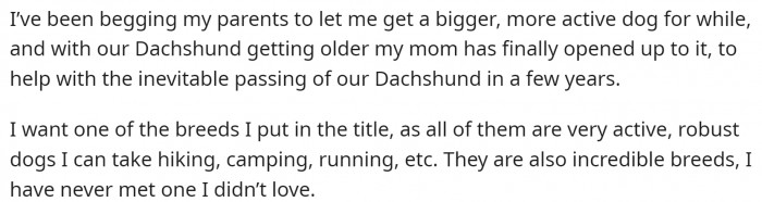 Their family currently has an old Dachshund, and OP managed to convince them to get one more dog. It needs to be active and robust.