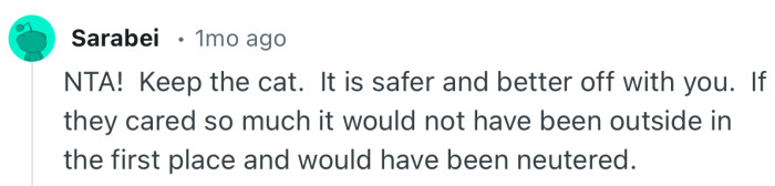 “NTA! Keep the cat. It is safer and better off with you.”