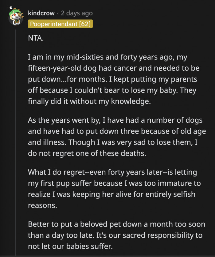 It's a difficult choice and one of the worst parts of becoming a pet owner. But when you agree to be the dog's entire world, you also agree to protect it from any harm. That includes protecting them from your own selfishness.