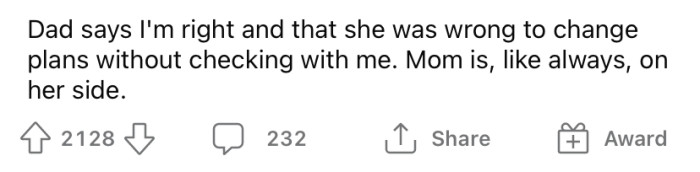 The OP's parents have conflicting opinions, so she turned to Reddit for advice.