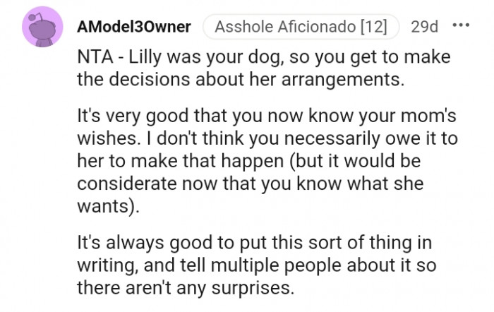 It's good you now know your mom's wishes