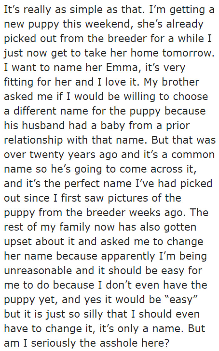 She Wants to Name Her Dog Emma. Her Family Doesn't Want to Because Her BIL's Late Daughter is Also Named Emma. She Died from SIDS.