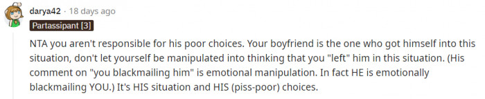 No reason for her to suffer for his bad choices.