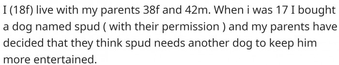 OP is a teen girl living with her parents. She has a dog, which she bought with their permission