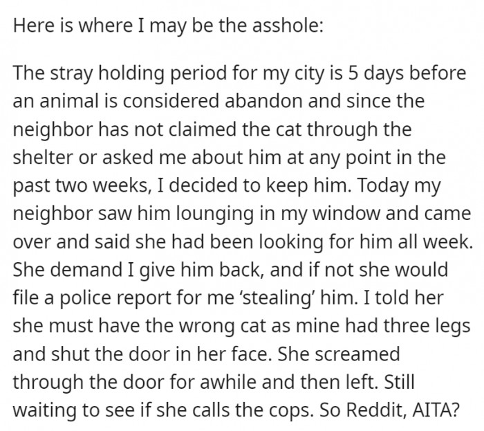 OP also had the perfect response when the neighbor came asking about their cat