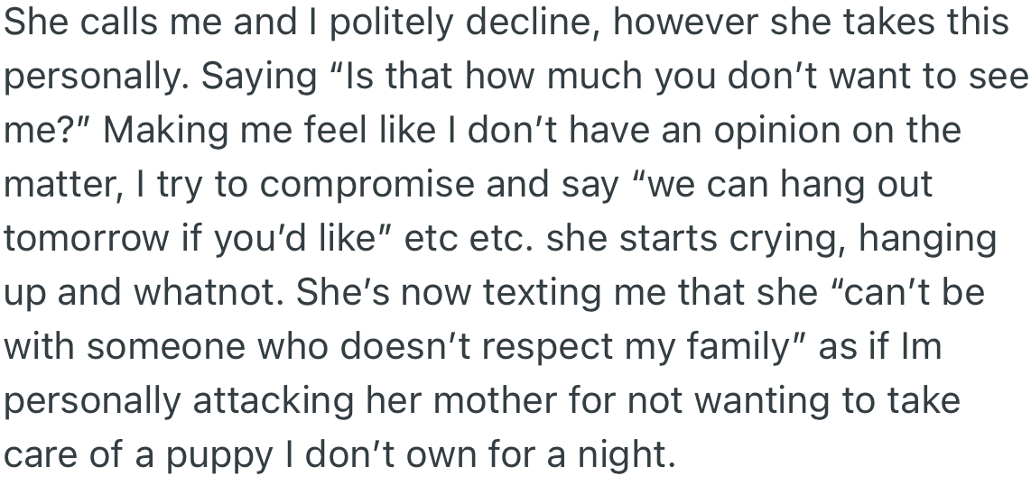 OP declines the request, and his girlfriend tells him he does not care about her or her family.