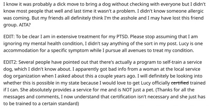 The poor girl had to sleep without her support dog, Lucy, which caused her to wake up screaming in the middle of the night because of her night terrors.