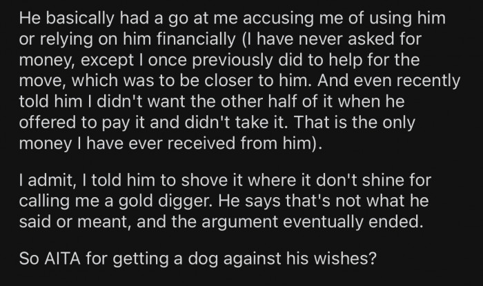 The boyfriend then accused OP of being a gold digger.