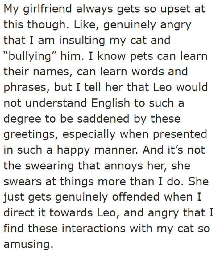 When the OP's girlfriend heard how the OP calls his cat, she got mad. She accuses him of bullying the feline.
