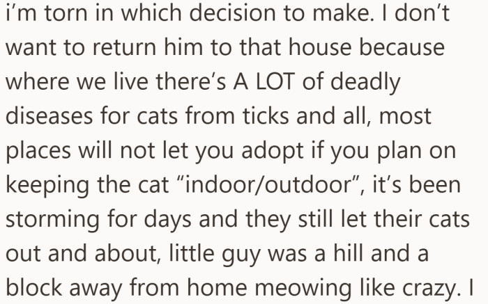 Her hesitation grows as she realizes the cat’s outdoor life may be putting him at real risk in their area.
